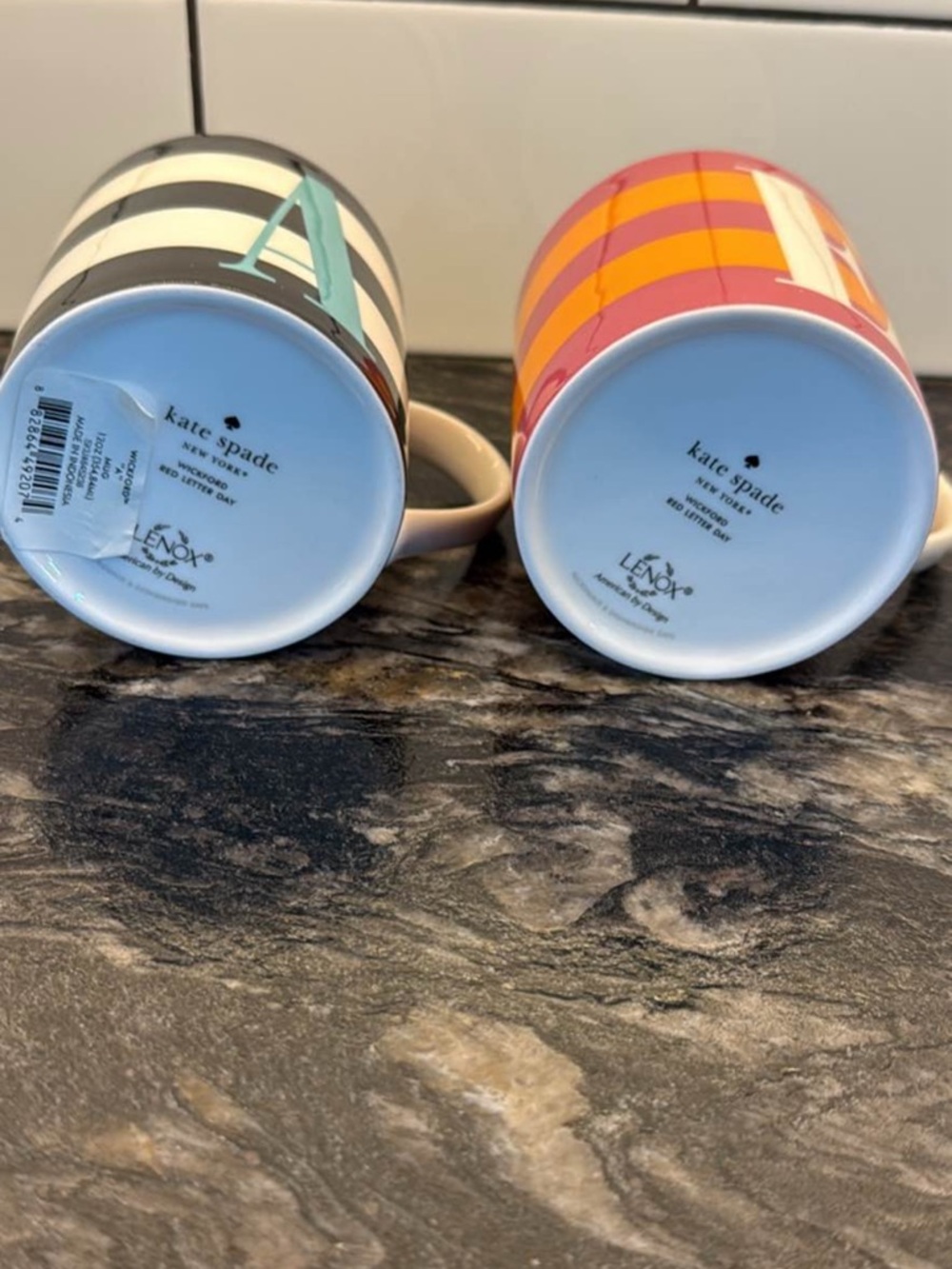 Kate Spade + Lenox Wickford Red Letter Day Striped Monogram Ceramic Mugs - Picture 4 of 7